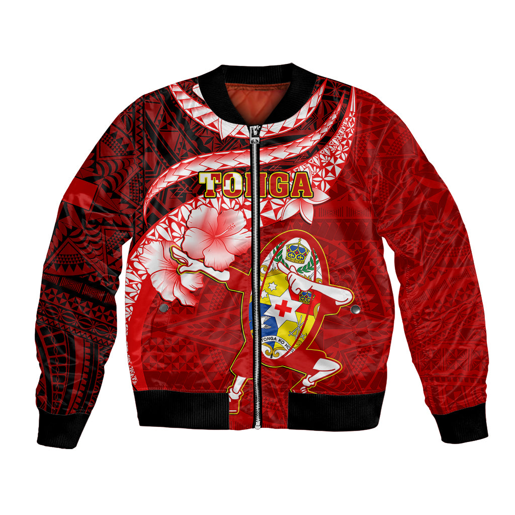 Custom Tonga Rugby Bomber Jacket Ikale Tahi Tongan Ngatu Pattern With Dabbing Ball LT14 Unisex Red - Polynesian Pride