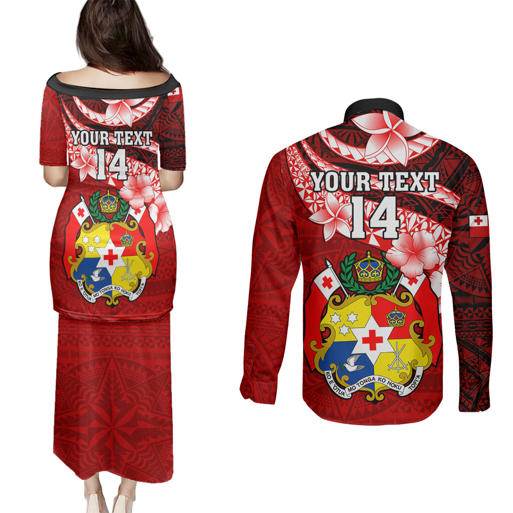 Custom Tonga Rugby Couples Matching Puletasi Dress and Long Sleeve Button Shirts Ikale Tahi Tongan Ngatu Pattern With Dabbing Ball LT14 - Polynesian Pride