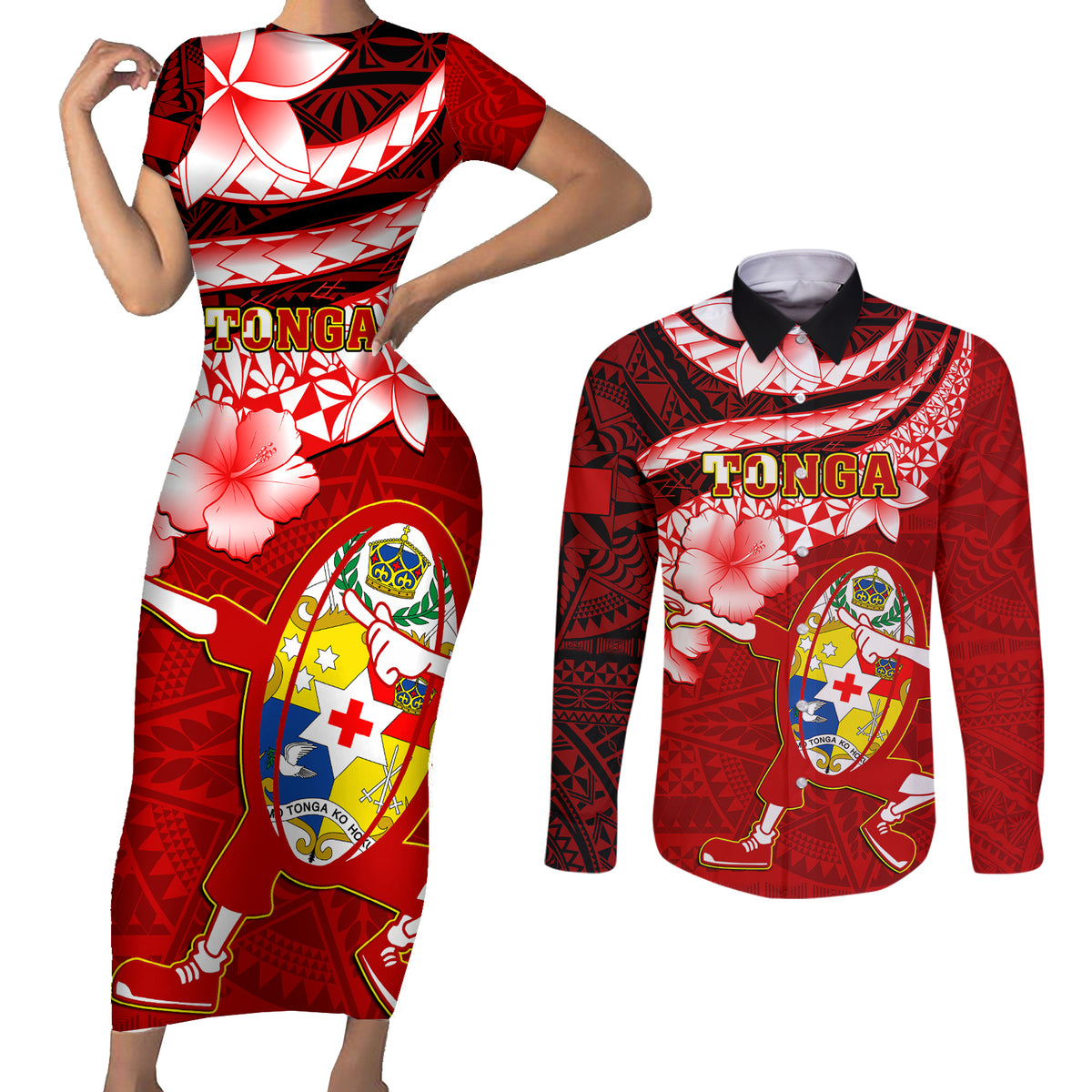 Custom Tonga Rugby Couples Matching Short Sleeve Bodycon Dress and Long Sleeve Button Shirts Ikale Tahi Tongan Ngatu Pattern With Dabbing Ball LT14 Red - Polynesian Pride