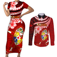 Custom Tonga Rugby Couples Matching Short Sleeve Bodycon Dress and Long Sleeve Button Shirts Ikale Tahi Tongan Ngatu Pattern With Dabbing Ball LT14 Red - Polynesian Pride
