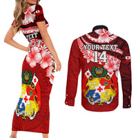 Custom Tonga Rugby Couples Matching Short Sleeve Bodycon Dress and Long Sleeve Button Shirts Ikale Tahi Tongan Ngatu Pattern With Dabbing Ball LT14 - Polynesian Pride