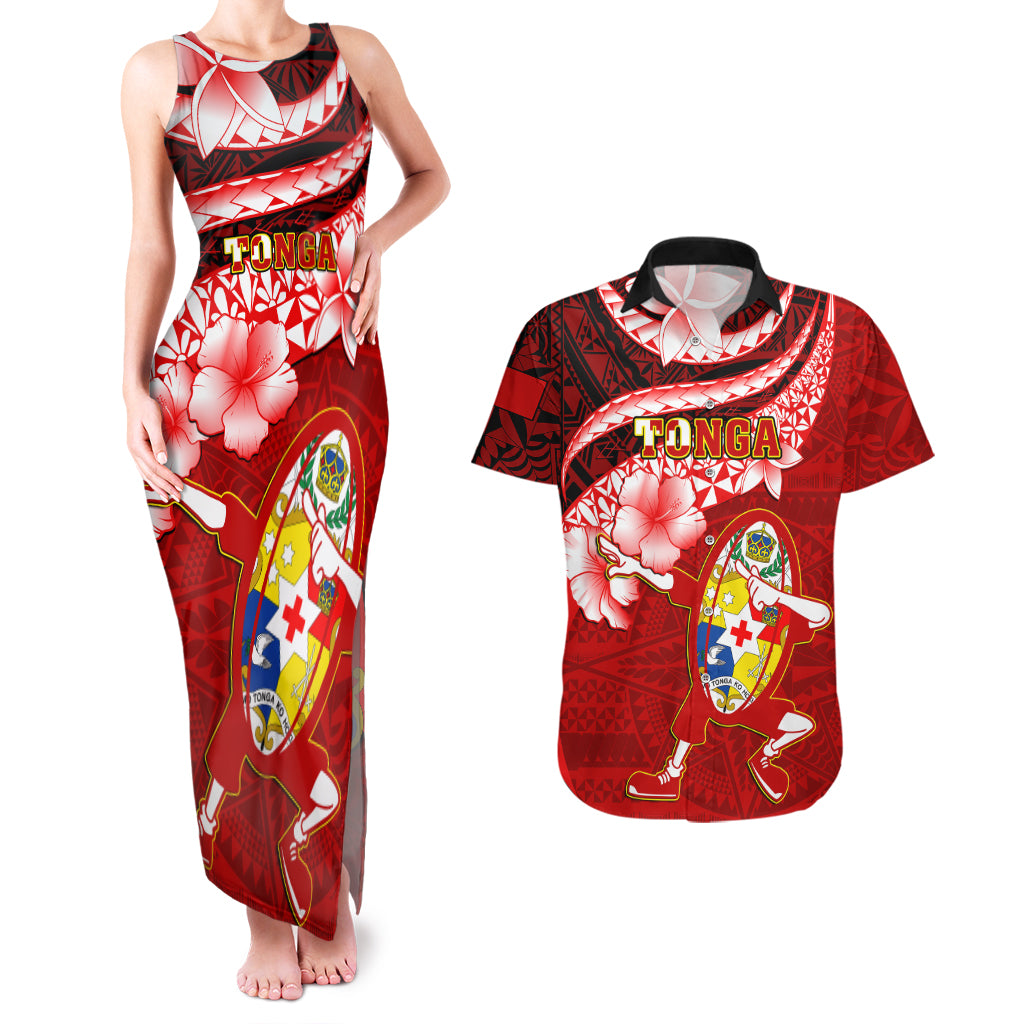 Custom Tonga Rugby Couples Matching Tank Maxi Dress and Hawaiian Shirt Ikale Tahi Tongan Ngatu Pattern With Dabbing Ball LT14 Red - Polynesian Pride