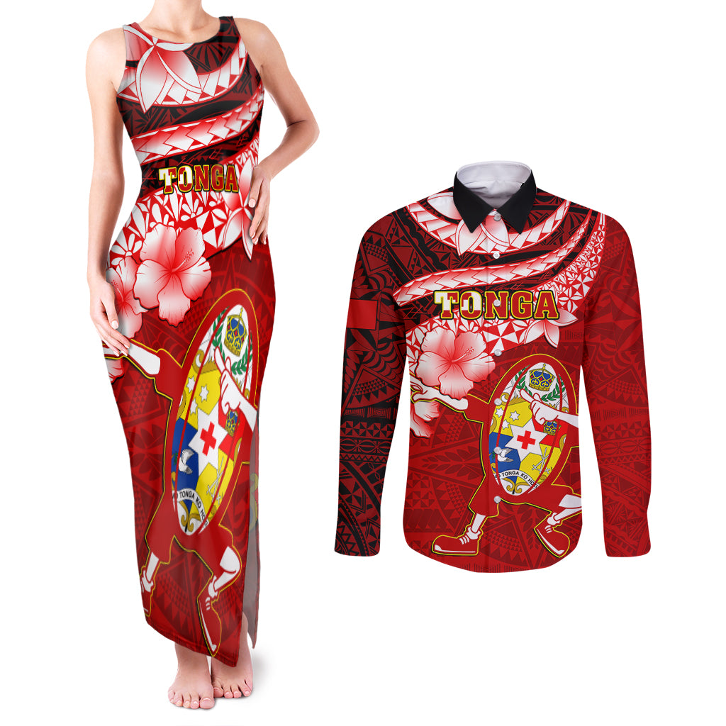 Custom Tonga Rugby Couples Matching Tank Maxi Dress and Long Sleeve Button Shirts Ikale Tahi Tongan Ngatu Pattern With Dabbing Ball LT14 Red - Polynesian Pride