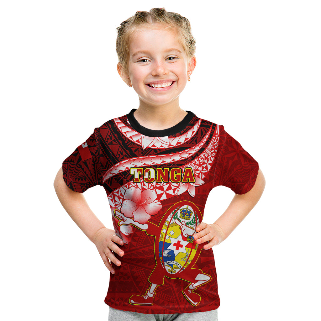 Custom Tonga Rugby Kid T Shirt Ikale Tahi Tongan Ngatu Pattern With Dabbing Ball LT14 Red - Polynesian Pride