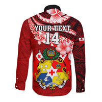 Custom Tonga Rugby Long Sleeve Button Shirt Ikale Tahi Tongan Ngatu Pattern With Dabbing Ball LT14 - Polynesian Pride
