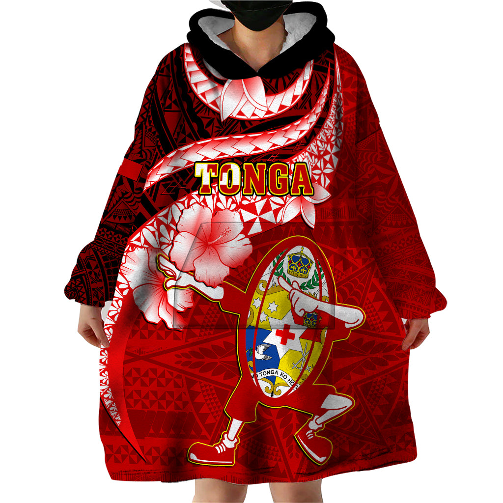 Custom Tonga Rugby Wearable Blanket Hoodie Ikale Tahi Tongan Ngatu Pattern With Dabbing Ball LT14 - Polynesian Pride