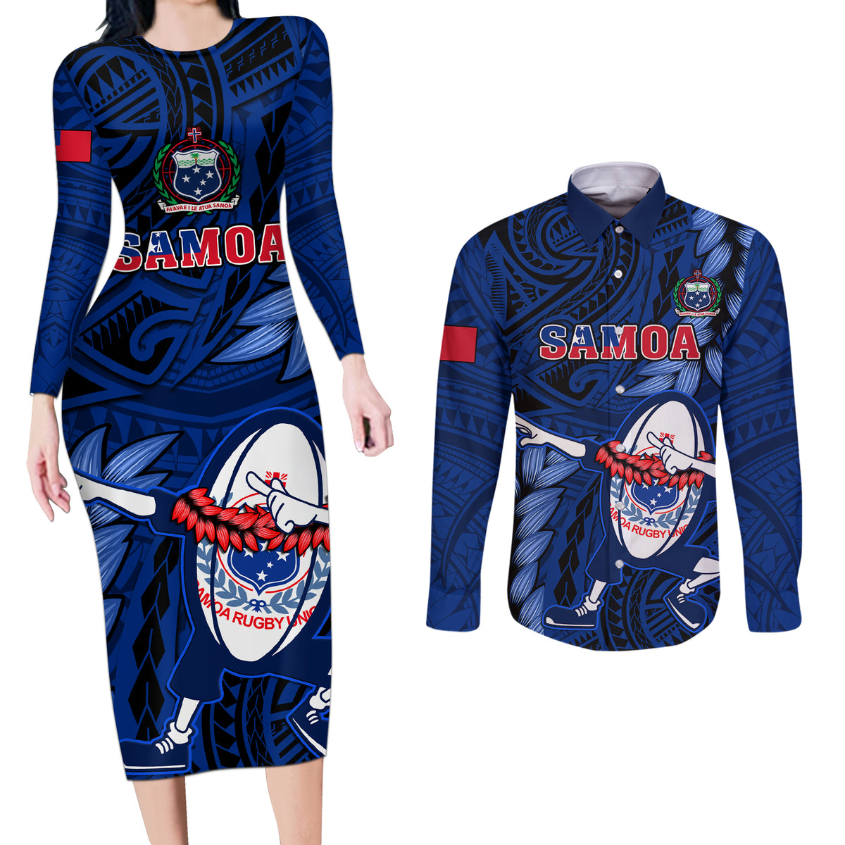 Samoa Rugby Couples Matching Long Sleeve Bodycon Dress and Long Sleeve Button Shirts Manu Samoa Ula Fala Dabbing Ball Polynesian Blue Version LT14 Blue - Polynesian Pride