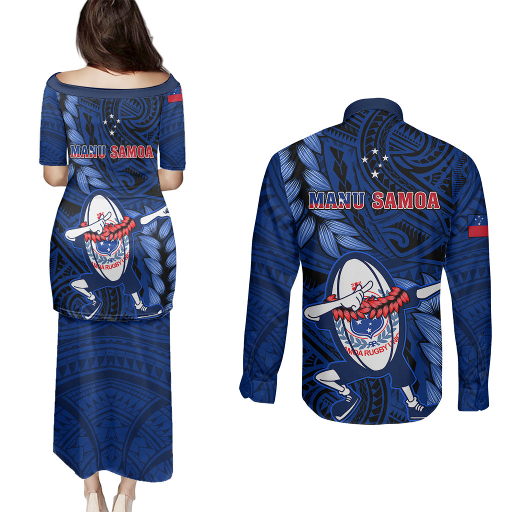 Samoa Rugby Couples Matching Puletasi Dress and Long Sleeve Button Shirts Manu Samoa Ula Fala Dabbing Ball Polynesian Blue Version LT14 - Polynesian Pride