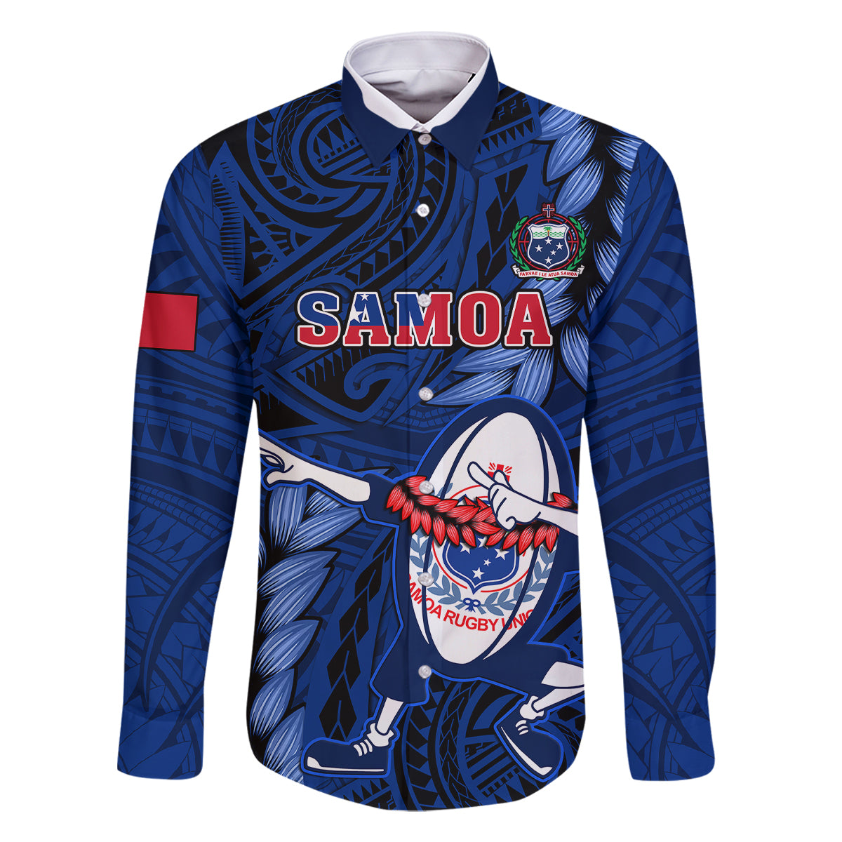 Samoa Rugby Family Matching Off Shoulder Short Dress and Hawaiian Shirt Manu Samoa Ula Fala Dabbing Ball Polynesian Blue Version LT14 Dad's Shirt - Long Sleeve Blue - Polynesian Pride
