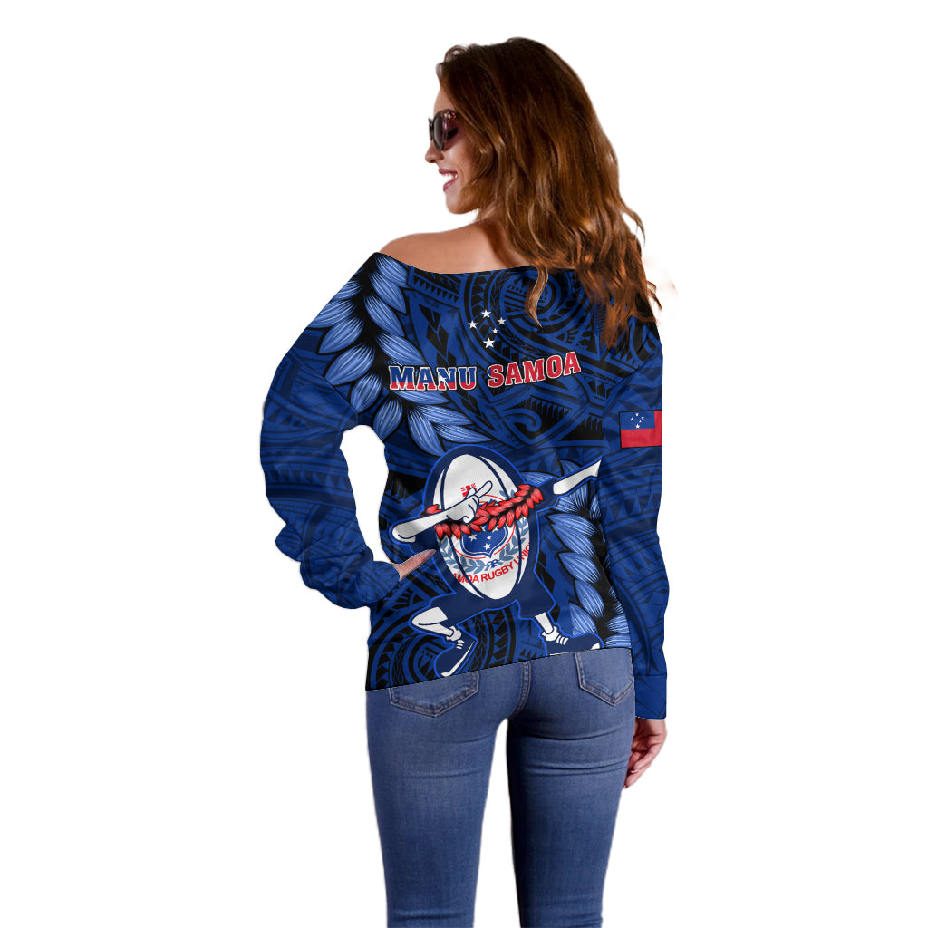 Samoa Rugby Off Shoulder Sweater Manu Samoa Ula Fala Dabbing Ball Polynesian Blue Version LT14 - Polynesian Pride
