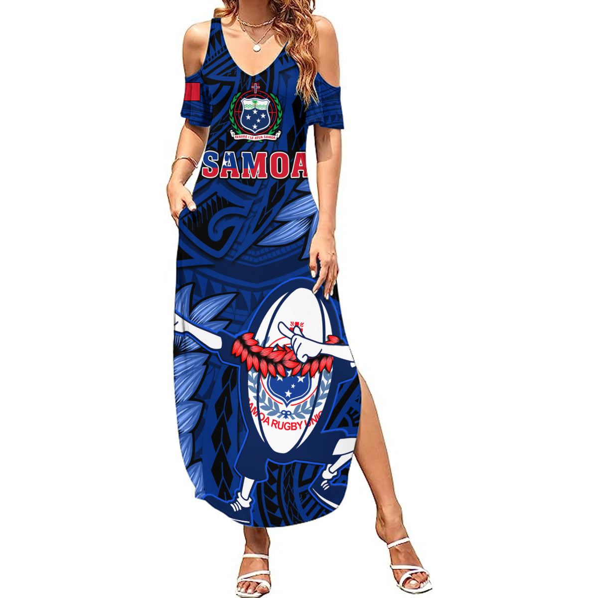Samoa Rugby Summer Maxi Dress Manu Samoa Ula Fala Dabbing Ball Polynesian Blue Version LT14 Women Blue - Polynesian Pride