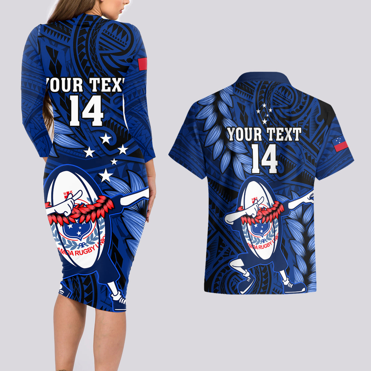 Custom Samoa Rugby Couples Matching Long Sleeve Bodycon Dress and Hawaiian Shirt Manu Samoa Ula Fala Dabbing Ball Polynesian Blue Version LT14 - Polynesian Pride