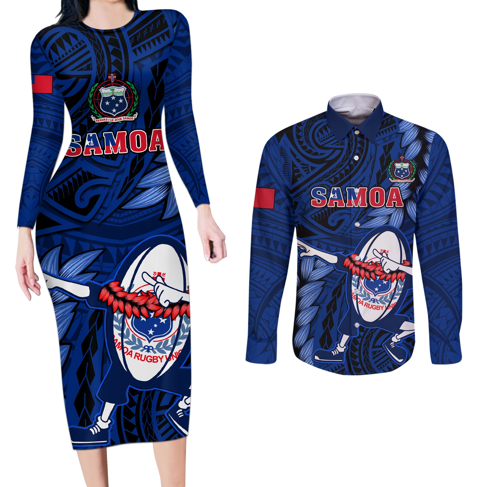 Custom Samoa Rugby Couples Matching Long Sleeve Bodycon Dress and Long Sleeve Button Shirts Manu Samoa Ula Fala Dabbing Ball Polynesian Blue Version LT14 Blue - Polynesian Pride