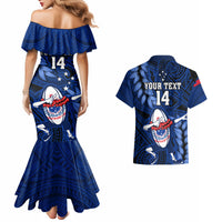 Custom Samoa Rugby Couples Matching Mermaid Dress and Hawaiian Shirt Manu Samoa Ula Fala Dabbing Ball Polynesian Blue Version LT14 - Polynesian Pride