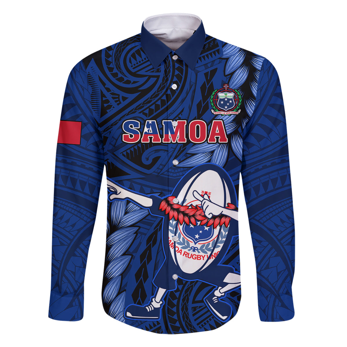 Custom Samoa Rugby Family Matching Short Sleeve Bodycon Dress and Hawaiian Shirt Manu Samoa Ula Fala Dabbing Ball Polynesian Blue Version LT14 Dad's Shirt - Long Sleeve Blue - Polynesian Pride