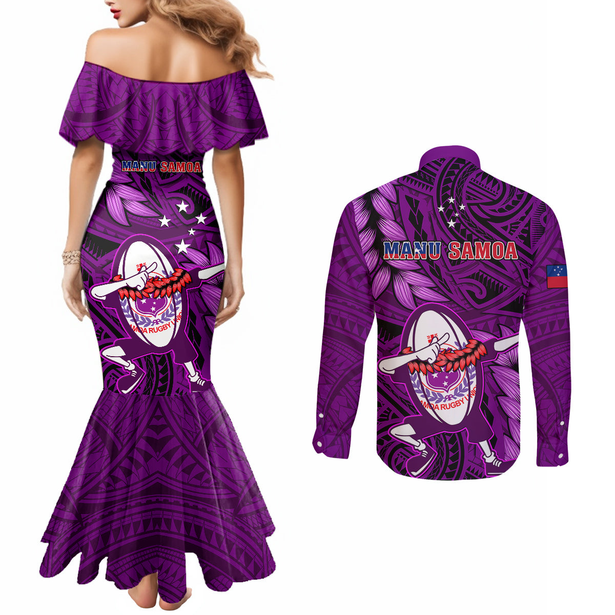 Samoa Rugby Couples Matching Mermaid Dress and Long Sleeve Button Shirts Manu Samoa Ula Fala Dabbing Ball Polynesian Purple Version LT14 - Polynesian Pride