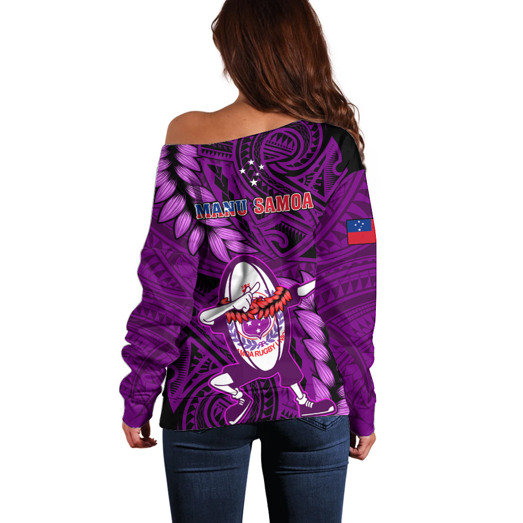 Samoa Rugby Off Shoulder Sweater Manu Samoa Ula Fala Dabbing Ball Polynesian Purple Version LT14 - Polynesian Pride