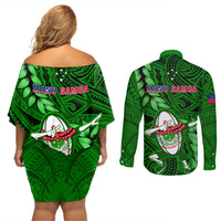 Samoa Rugby Couples Matching Off Shoulder Short Dress and Long Sleeve Button Shirts Manu Samoa Ula Fala Dabbing Ball Polynesian Green Version LT14 - Polynesian Pride