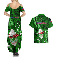 Samoa Rugby Couples Matching Summer Maxi Dress and Hawaiian Shirt Manu Samoa Ula Fala Dabbing Ball Polynesian Green Version LT14 - Polynesian Pride