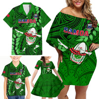 Samoa Rugby Family Matching Off Shoulder Short Dress and Hawaiian Shirt Manu Samoa Ula Fala Dabbing Ball Polynesian Green Version LT14 Green - Polynesian Pride