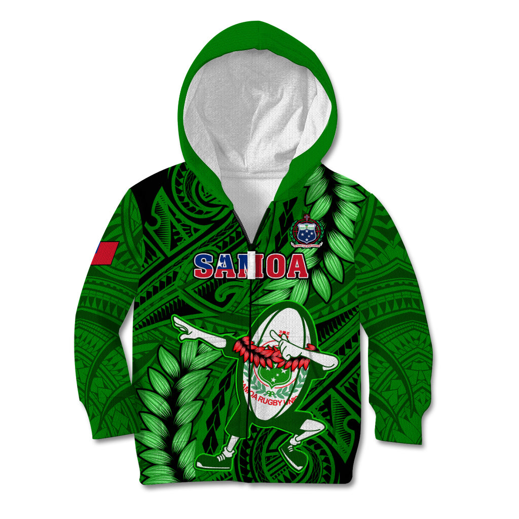 Samoa Rugby Kid Hoodie Manu Samoa Ula Fala Dabbing Ball Polynesian Green Version LT14 Zip Hoodie Green - Polynesian Pride