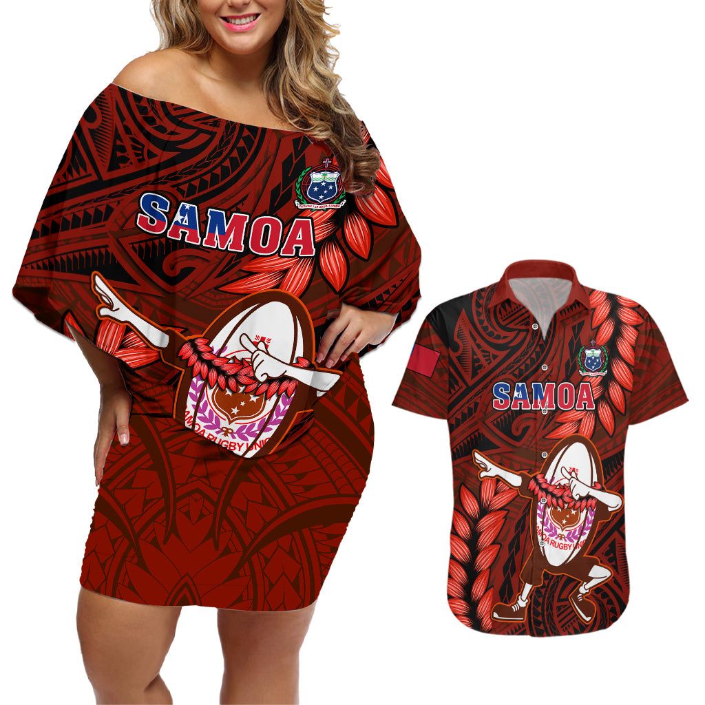Samoa Rugby Couples Matching Off Shoulder Short Dress and Hawaiian Shirt Manu Samoa Ula Fala Dabbing Ball Polynesian Red Version LT14 Red - Polynesian Pride