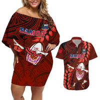 Samoa Rugby Couples Matching Off Shoulder Short Dress and Hawaiian Shirt Manu Samoa Ula Fala Dabbing Ball Polynesian Red Version LT14 Red - Polynesian Pride
