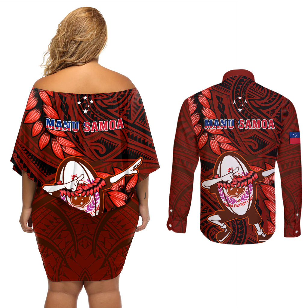 Samoa Rugby Couples Matching Off Shoulder Short Dress and Long Sleeve Button Shirts Manu Samoa Ula Fala Dabbing Ball Polynesian Red Version LT14 - Polynesian Pride