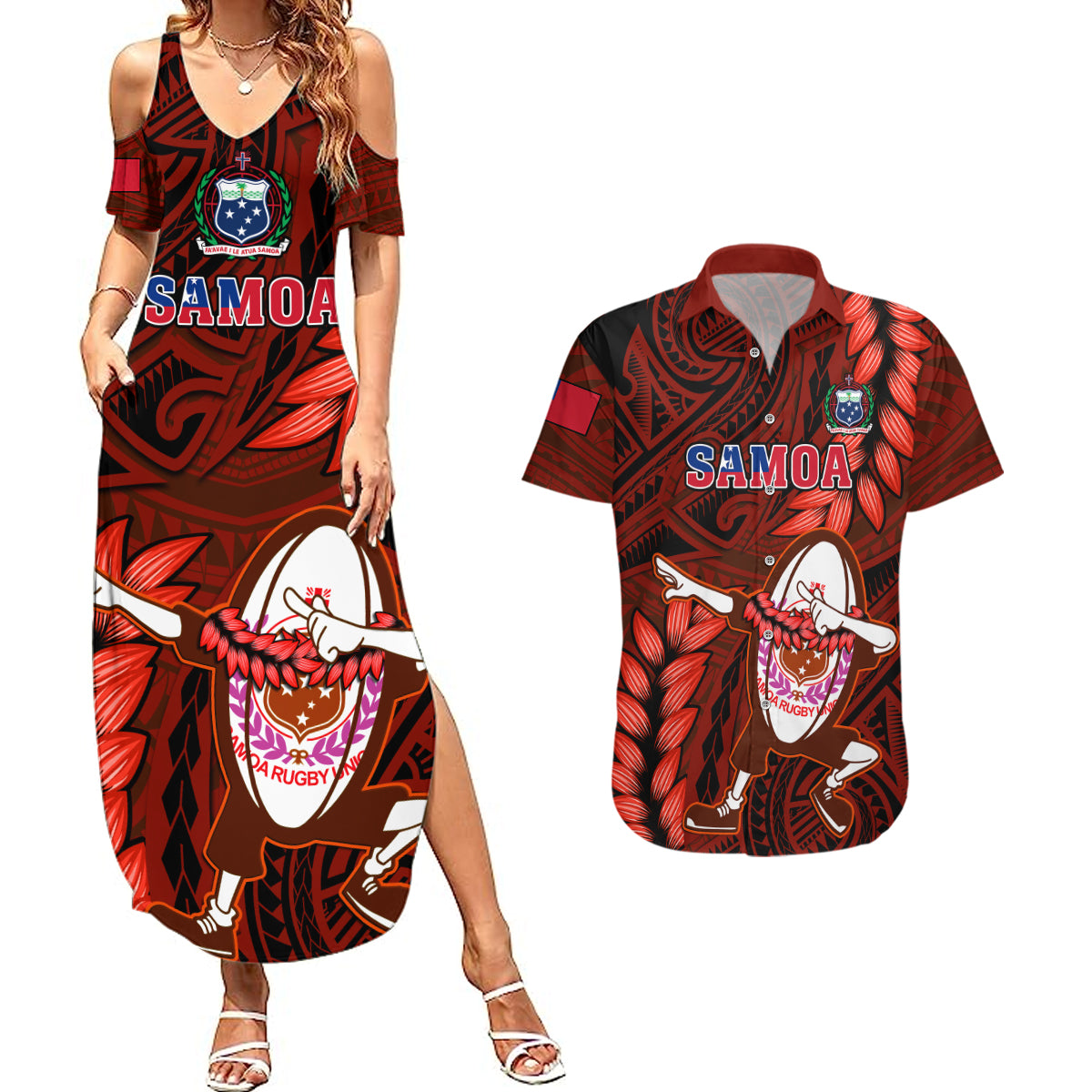 Samoa Rugby Couples Matching Summer Maxi Dress and Hawaiian Shirt Manu Samoa Ula Fala Dabbing Ball Polynesian Red Version LT14 Red - Polynesian Pride