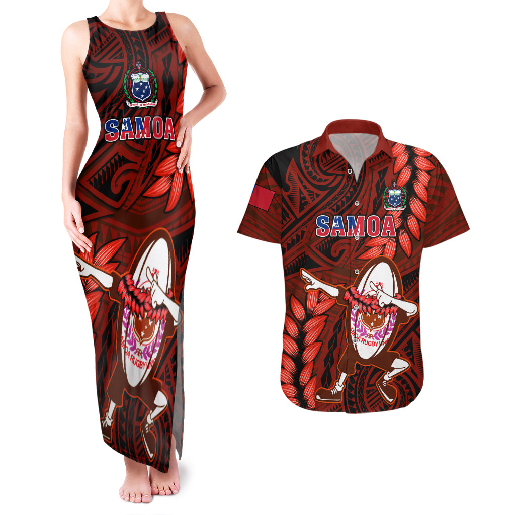 Samoa Rugby Couples Matching Tank Maxi Dress and Hawaiian Shirt Manu Samoa Ula Fala Dabbing Ball Polynesian Red Version LT14 Red - Polynesian Pride