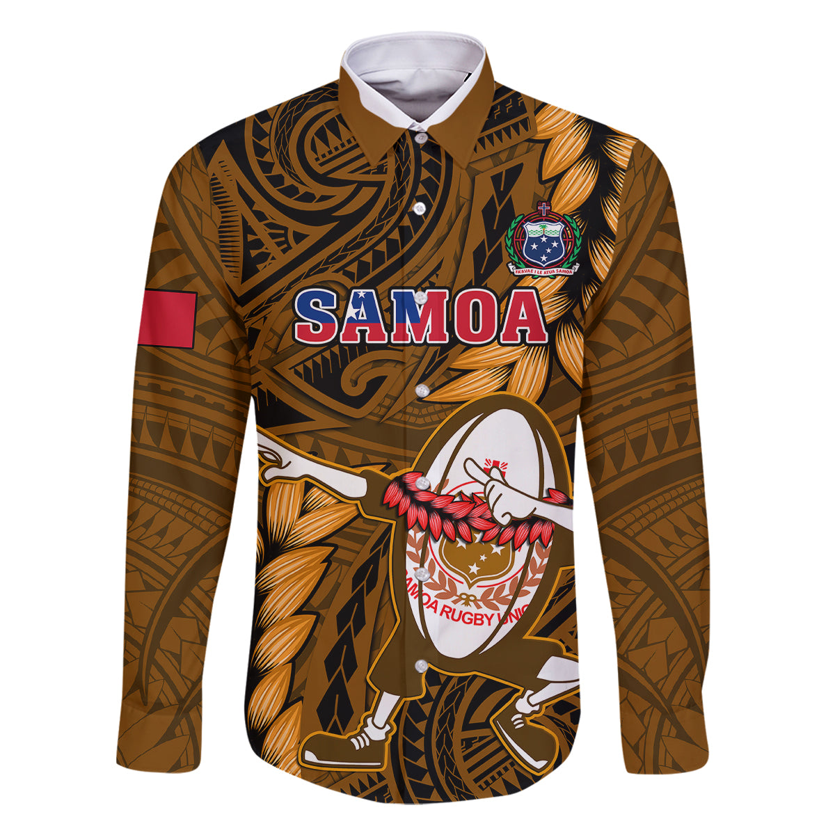 Samoa Rugby Family Matching Off Shoulder Short Dress and Hawaiian Shirt Manu Samoa Ula Fala Dabbing Ball Polynesian Gold Version LT14 - Polynesian Pride