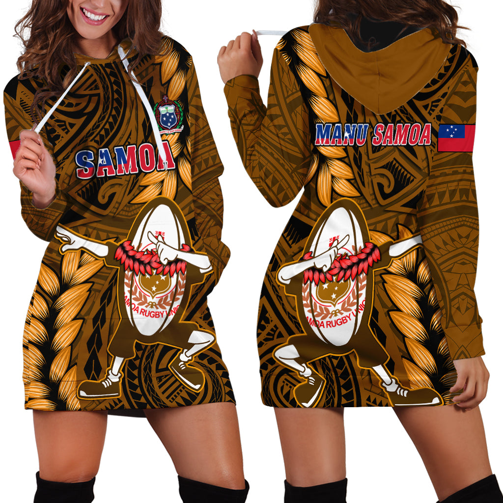 Samoa Rugby Hoodie Dress Manu Samoa Ula Fala Dabbing Ball Polynesian Gold Version LT14 - Polynesian Pride