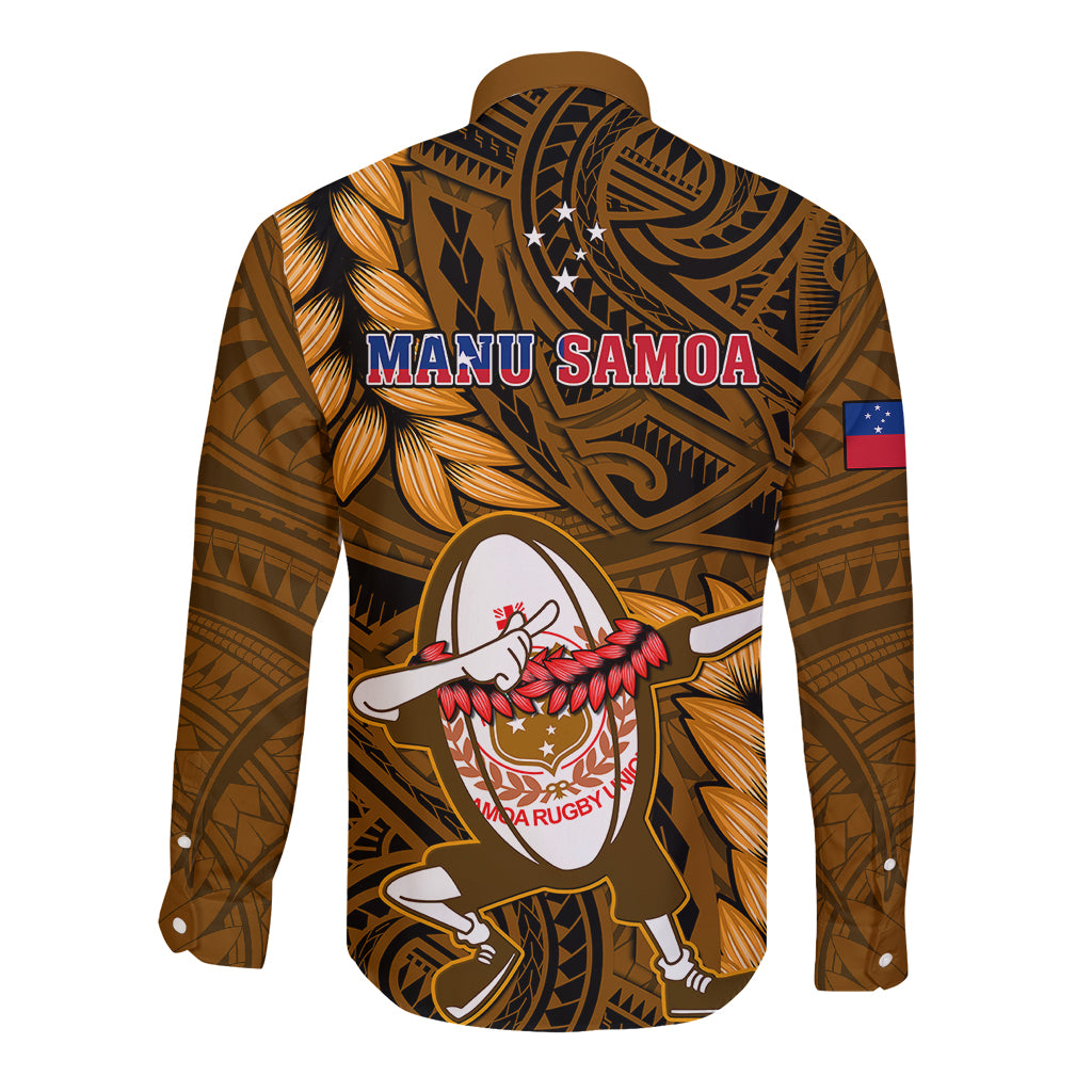 Samoa Rugby Long Sleeve Button Shirt Manu Samoa Ula Fala Dabbing Ball Polynesian Gold Version LT14 - Polynesian Pride