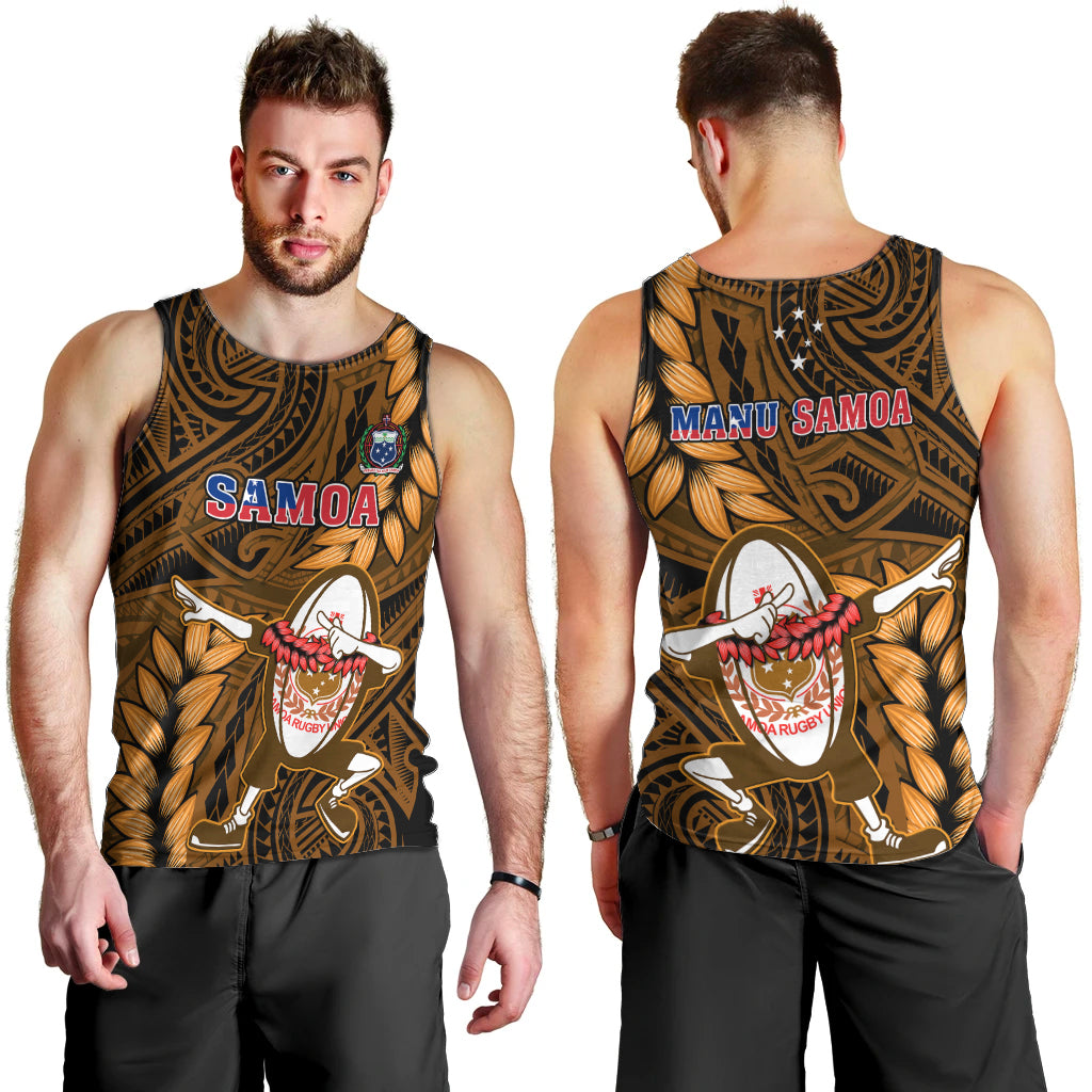 Samoa Rugby Men Tank Top Manu Samoa Ula Fala Dabbing Ball Polynesian Gold Version LT14 - Polynesian Pride