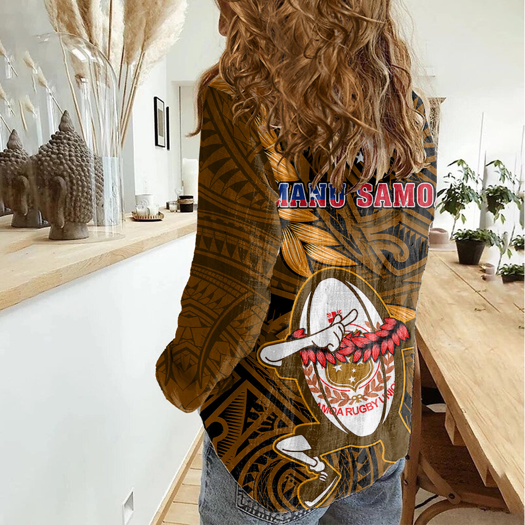 Samoa Rugby Women Casual Shirt Manu Samoa Ula Fala Dabbing Ball Polynesian Gold Version LT14 - Polynesian Pride