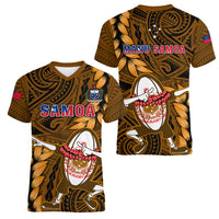 Samoa Rugby Women V Neck T Shirt Manu Samoa Ula Fala Dabbing Ball Polynesian Gold Version LT14 - Polynesian Pride