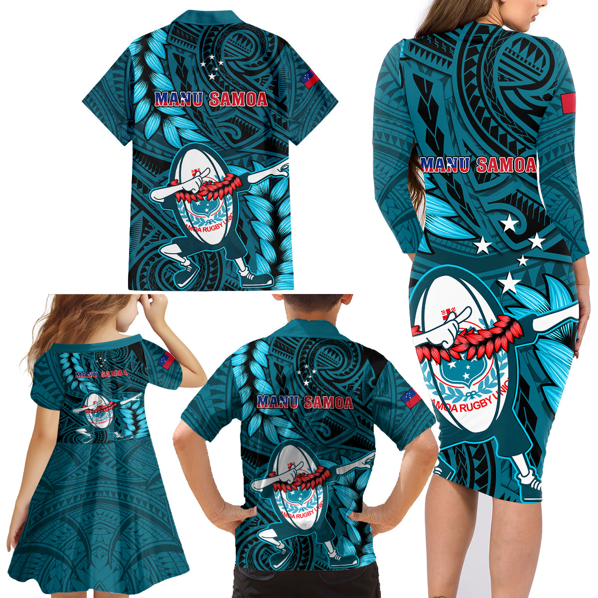 Samoa Rugby Family Matching Long Sleeve Bodycon Dress and Hawaiian Shirt Manu Samoa Ula Fala Dabbing Ball Polynesian Turquoise Version LT14 - Polynesian Pride