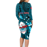 Samoa Rugby Family Matching Long Sleeve Bodycon Dress and Hawaiian Shirt Manu Samoa Ula Fala Dabbing Ball Polynesian Turquoise Version LT14 - Polynesian Pride