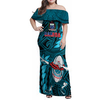 Samoa Rugby Family Matching Off Shoulder Maxi Dress and Hawaiian Shirt Manu Samoa Ula Fala Dabbing Ball Polynesian Turquoise Version LT14 - Polynesian Pride