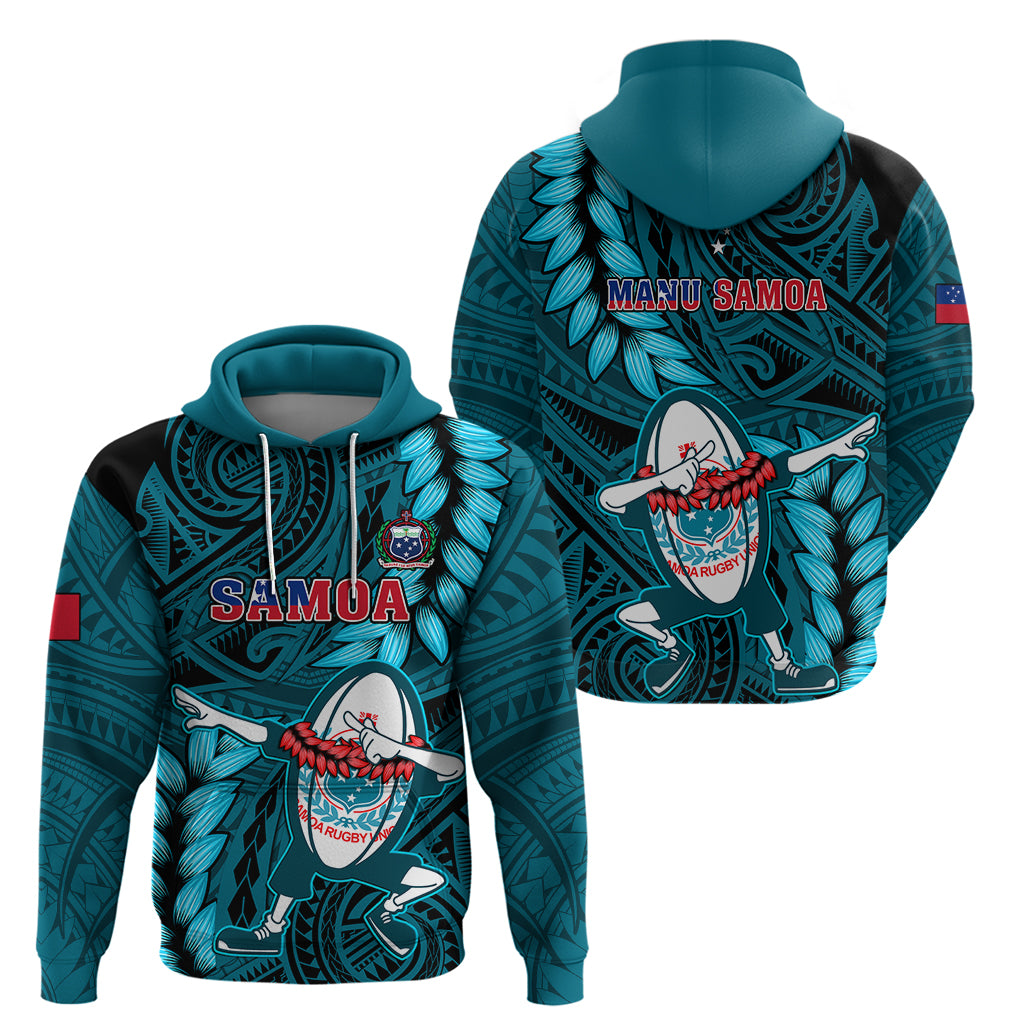 Samoa Rugby Hoodie Manu Samoa Ula Fala Dabbing Ball Polynesian Turquoise Version LT14 - Polynesian Pride
