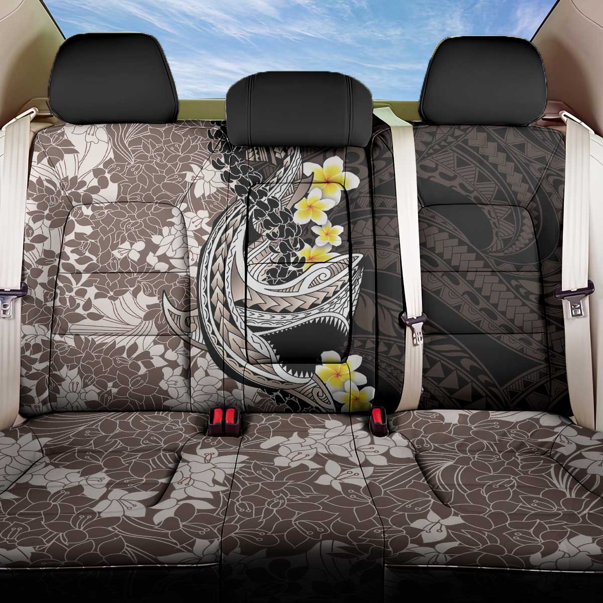 Brown and Black Hawaii Shark Tattoo Back Car Seat Cover Puakenikeni Lei Plumeria Polynesian Pattern LT14 One Size Black - Polynesian Pride