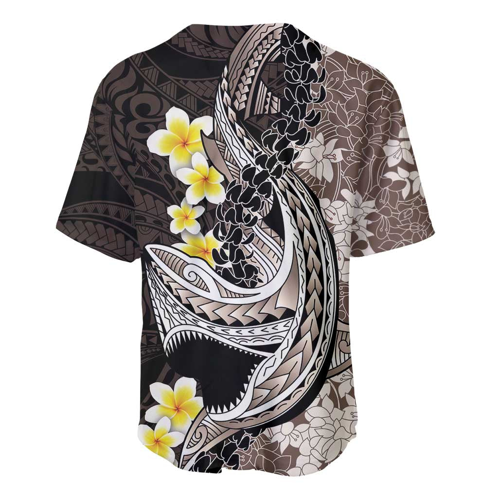 Brown and Black Hawaii Shark Tattoo Baseball Jersey Puakenikeni Lei Plumeria Polynesian Pattern - Polynesian Pride