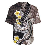 Brown and Black Hawaii Shark Tattoo Baseball Jersey Puakenikeni Lei Plumeria Polynesian Pattern - Polynesian Pride