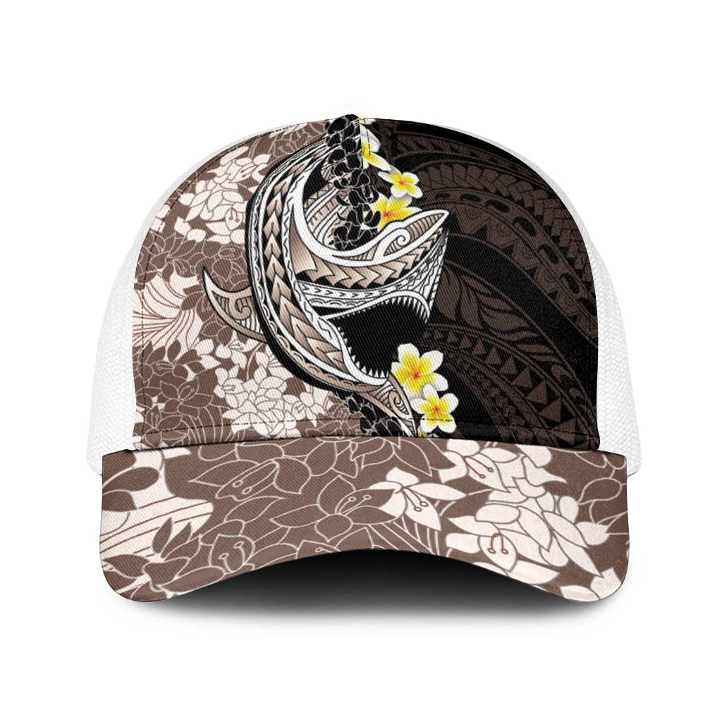 Brown and Black Hawaii Shark Tattoo Baseball Net Cap Puakenikeni Lei Plumeria Polynesian Pattern - Polynesian Pride