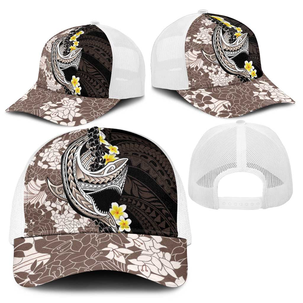 Brown and Black Hawaii Shark Tattoo Baseball Net Cap Puakenikeni Lei Plumeria Polynesian Pattern - Polynesian Pride