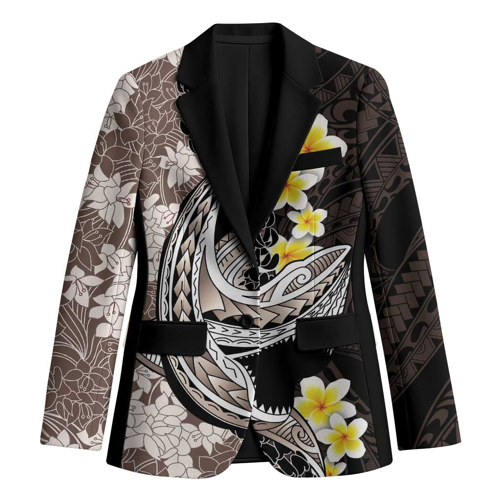 Brown and Black Hawaii Shark Tattoo Blazer Puakenikeni Lei Plumeria Polynesian Pattern LT14 Unisex Black - Polynesian Pride