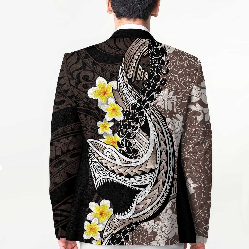 Brown and Black Hawaii Shark Tattoo Blazer Puakenikeni Lei Plumeria Polynesian Pattern LT14 - Polynesian Pride