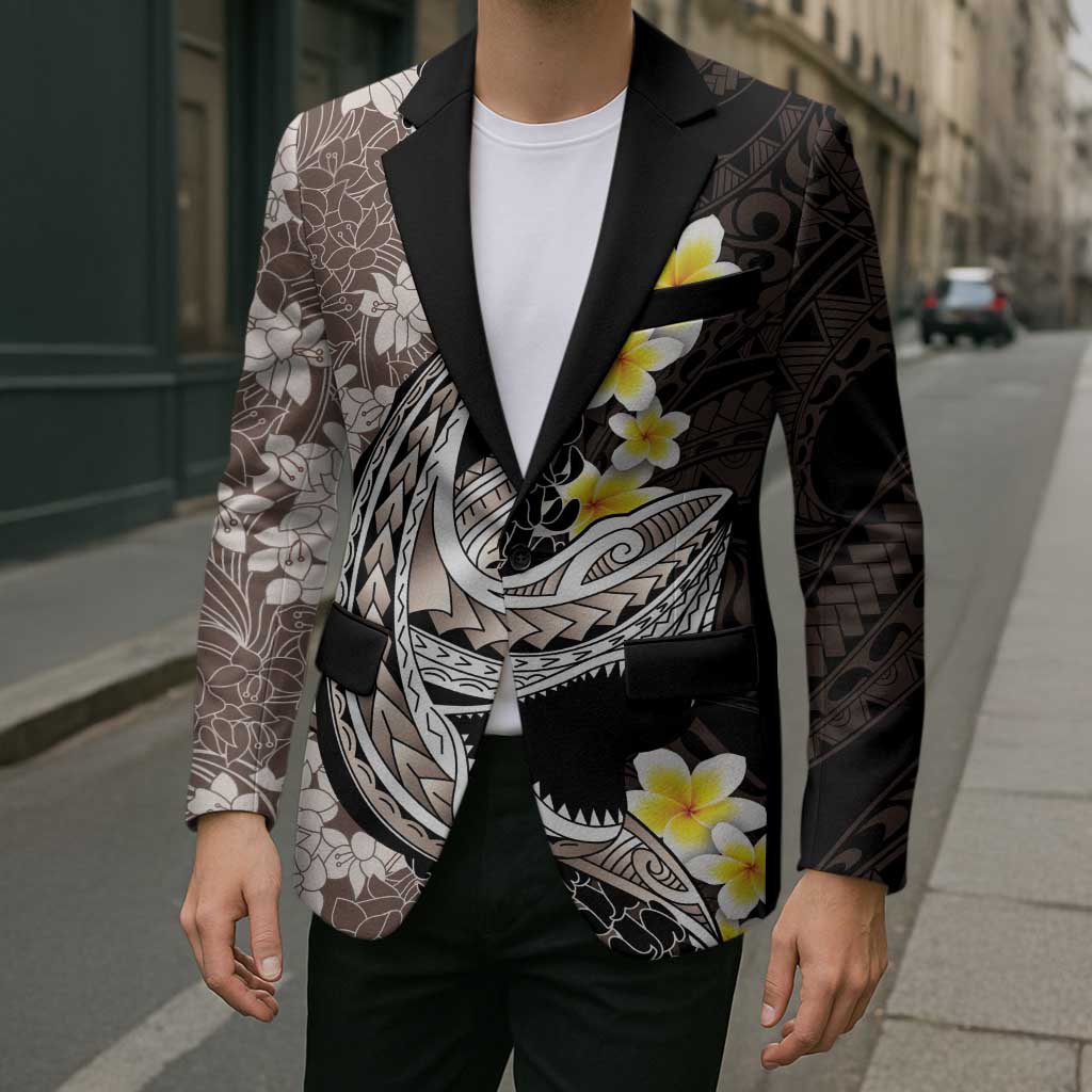 Brown and Black Hawaii Shark Tattoo Blazer Puakenikeni Lei Plumeria Polynesian Pattern LT14 - Polynesian Pride