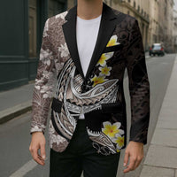 Brown and Black Hawaii Shark Tattoo Blazer Puakenikeni Lei Plumeria Polynesian Pattern LT14 - Polynesian Pride