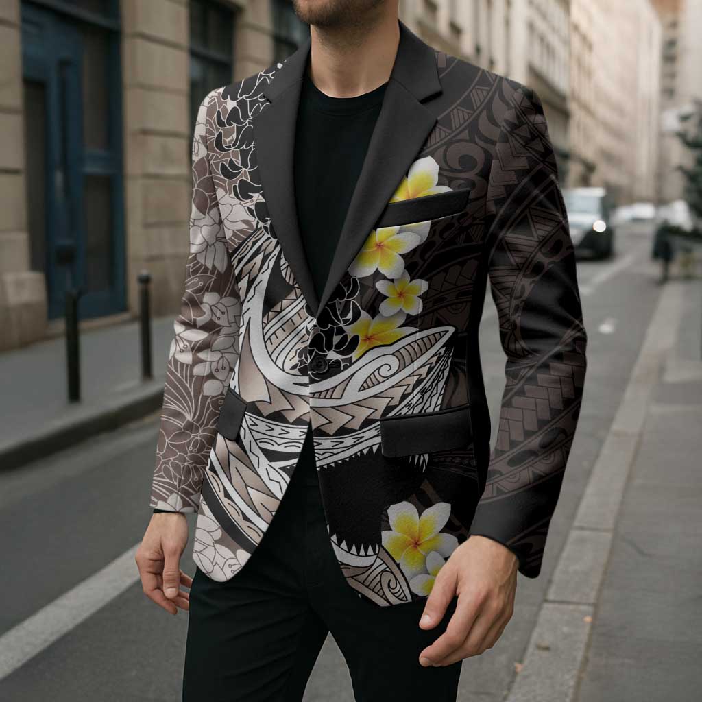 Brown and Black Hawaii Shark Tattoo Blazer Puakenikeni Lei Plumeria Polynesian Pattern LT14 - Polynesian Pride